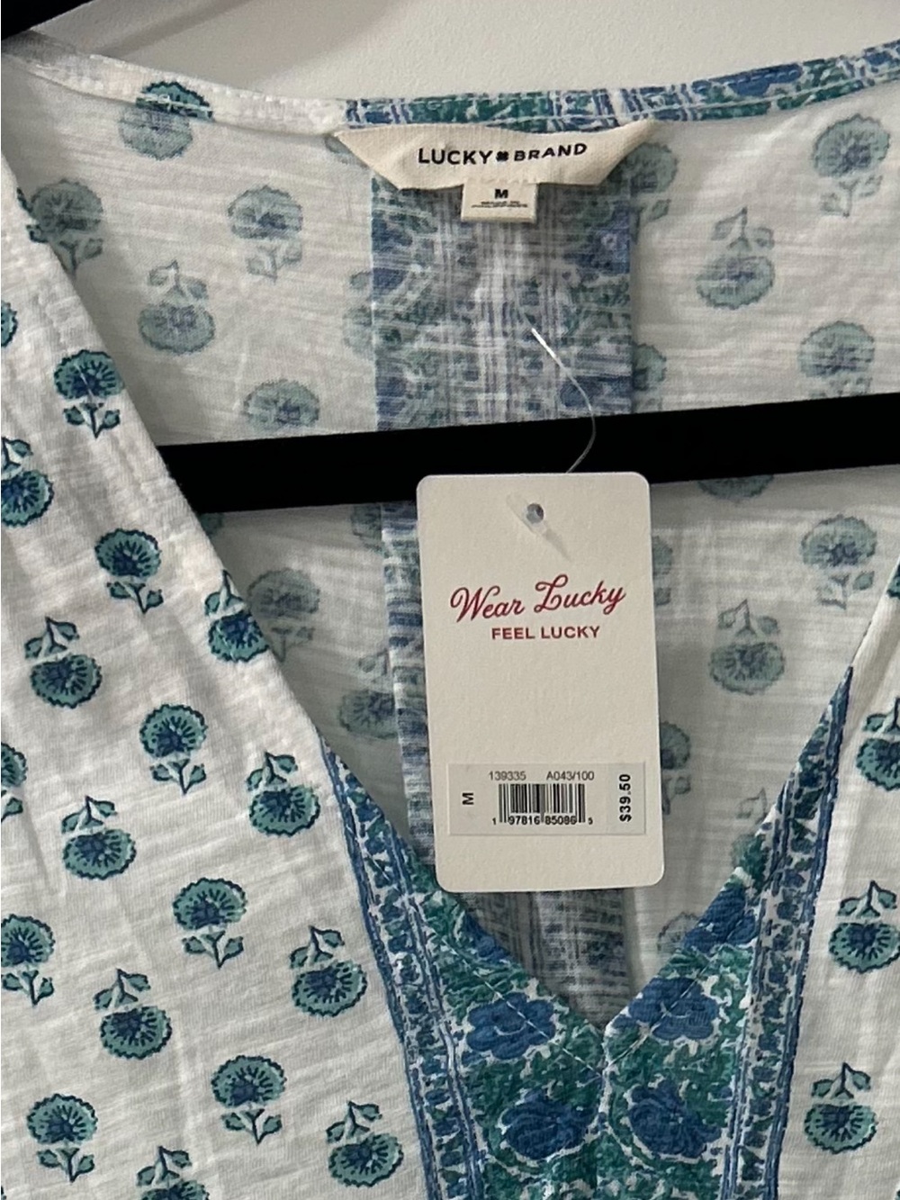 Lucky Brand White Tank with Teal Blue Print and Center Panel - Picture 3 of 3